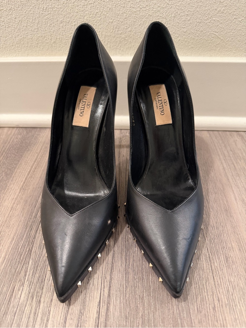 Valentino Black Leather Stud-Trim Pointed Pumps
